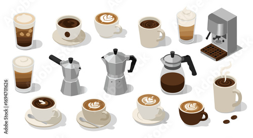 Isometric coffee icons: espresso, latte, and brewing equipment collection