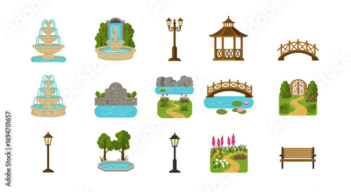 Garden elements collection: fountains, bridges, pathways, and decor in flat design