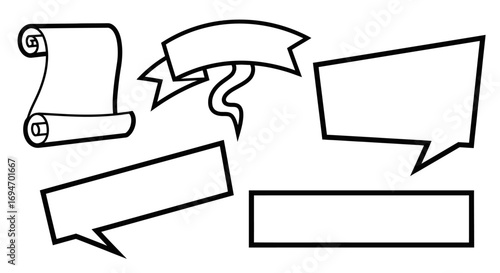 Hand-drawn outline collection of vintage scrolls, retro ribbons, and empty speech bubbles for text and quotes