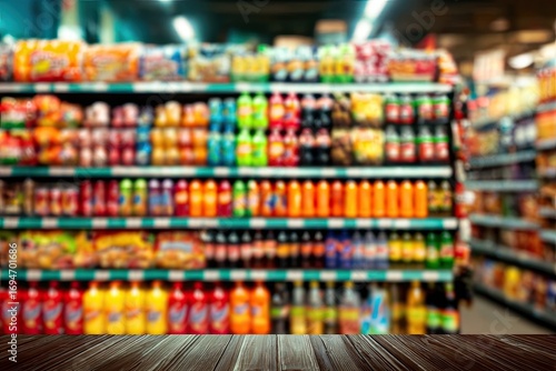 Blurred supermarket aisle with colorful drinks and snacks
