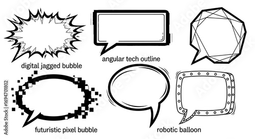 A diverse collection of modern speech bubbles featuring digital, pixelated, and robotic styles. Vector illustration set for chat, dialogue, and comic design