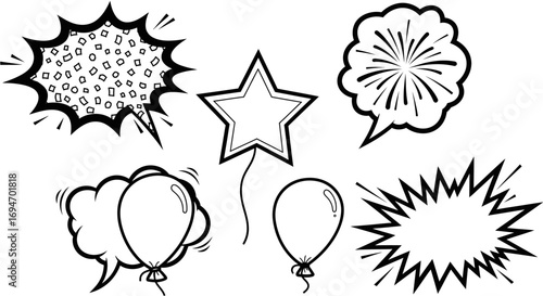 A versatile set of hand-drawn comic book style speech bubbles, celebration balloons, and pop art graphic elements for creative projects