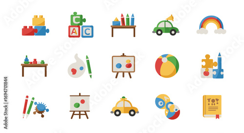 Colorful kids toys and creative learning elements in playful flat design