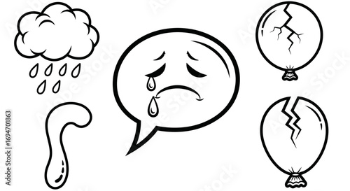 Collection of icons representing sadness, disappointment, and bad luck, including rain, tears, and broken balloons