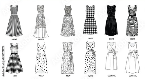 Illustration of various dress styles including a line gown shift mew wrap and cocktail dresses