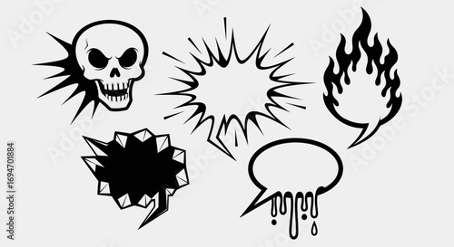 A collection of edgy monochrome comic book style speech bubbles and sound effect shapes. Vector set with skull, fire, explosion, and dripping graphic elements