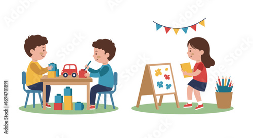 Children engaged in creative play and art activities in a colorful setting