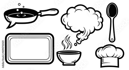A collection of monochrome cooking and restaurant icons, including a hot soup bowl, frying pan, spoon, and chef's hat for culinary design