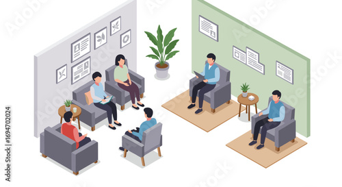 Isometric office meeting and waiting room with people engaged in discussion and relaxation