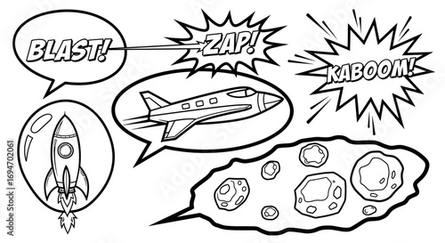 Hand-drawn pop art inspired space adventure illustration with a shuttle, rocket, and comic book sound effects