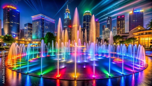 City fountain at night with skyline and lights reflecting on the water