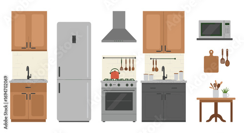 Modern kitchen set with appliances and furniture in flat design