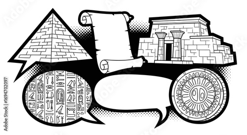 A monochrome collage of ancient Egyptian icons like the pyramid, temple, and hieroglyphics within speech bubbles, symbolizing history and communication
