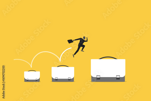 Businessman jumping from small to the big office bag. Career growth development plan, job promotion