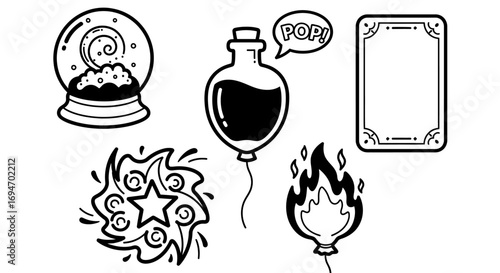 A collection of whimsical magical icons in a simple line art style, featuring a crystal ball, potion bottle, and a flaming balloon