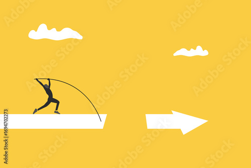 Businessman jumping pole vault over gap arrow. concept of Business growth, increase earning and profit. Minimal Eps10 illustration