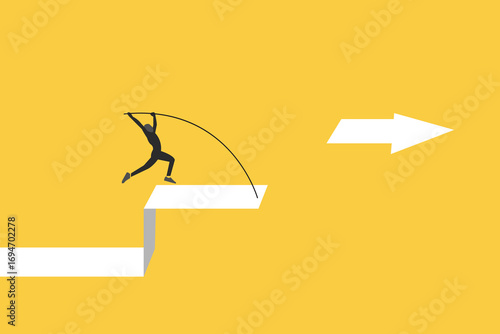 Businessman jumping pole vault over gap arrow. concept of Business growth, increase earning and profit. Minimal Eps10 illustration