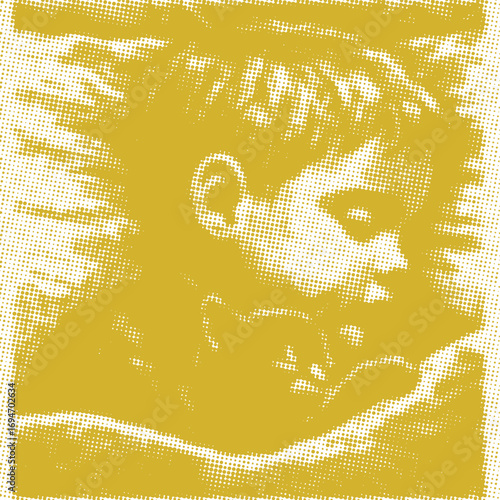 Golden Halftone Child and Kitten Portrait A heartwarming digital art piece capturing a peaceful child and a purring kitten in a cozy moment.
