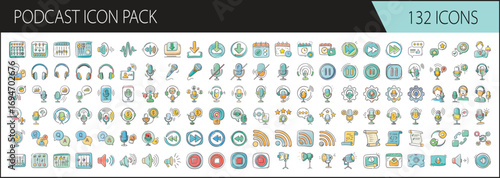 Podcast icon set collection for digital media - Pack of 132 colorful podcast icons including microphones, headphones, audio signals, broadcasting, and media symbols for apps, websites, and design.