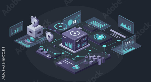 Futuristic data network isometric design with 3d analytics and security elements