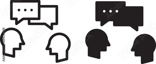 Heads  icon in silhouette with speech bubbles, minimalist black and white illustration, simple graphic design