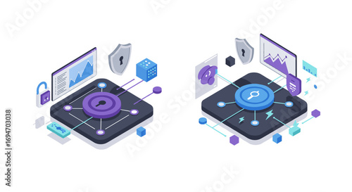 Isometric cybersecurity data hub with shield, analytics and lock elements