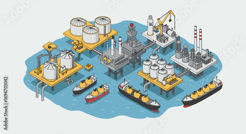 Isometric offshore oil and gas industry platforms with ships and storage tanks