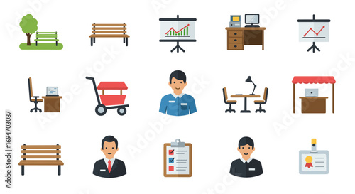 Office and business essentials with flat icons for web and presentations