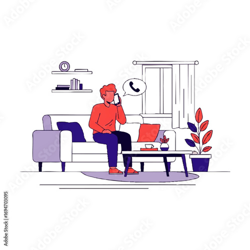 Young man talking on phone at home, modern living room, remote work, communication concept