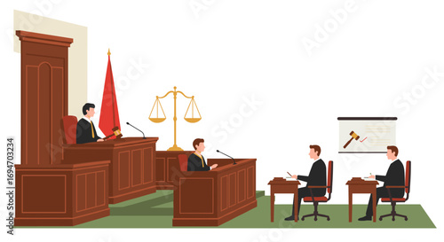 Courtroom scene with judge and lawyers in discussion