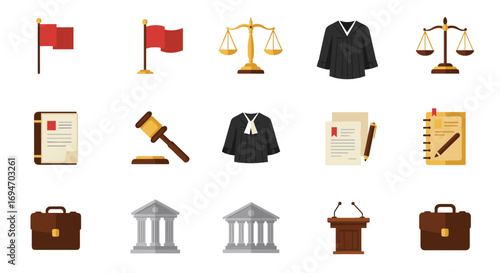 Legal and justice icons set featuring scales, flags, and gavel in flat design