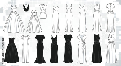 A collection of dress designs in black and white showing different styles and silhouettes of dresses