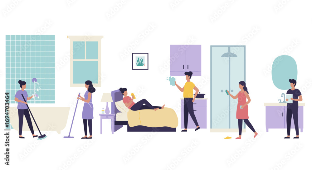 Fototapeta premium Daily household chores: diverse characters in a cozy home setting