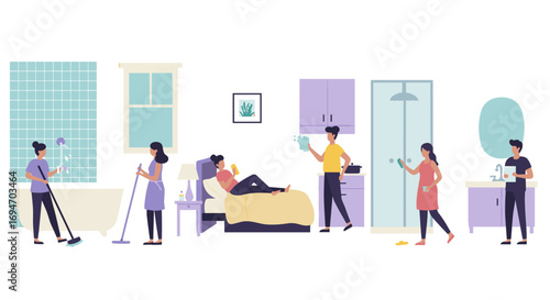 Daily household chores: diverse characters in a cozy home setting