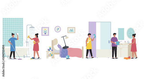 House cleaning team working together in modern home interior scene