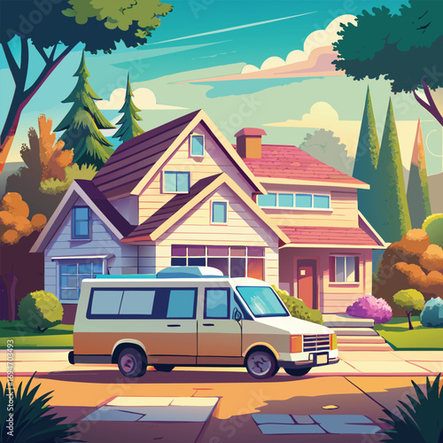Stylized illustration of a suburban neighborhood with a van parked in front of a house