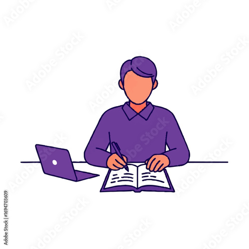 Student studying, writing notes in notebook with laptop ready for online learning and research