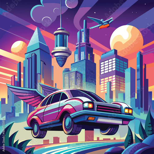 Retro futuristic flying car with wings soars through a vibrant neon cityscape at sunset