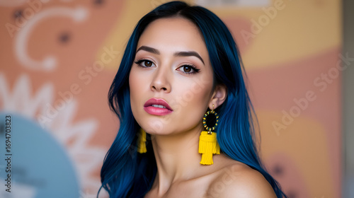a woman with blue hair and yellow earrings