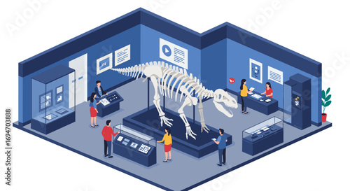 Isometric museum dinosaur exhibit with visitors in modern blue interior