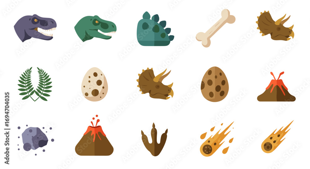 Obraz premium Dinosaur icons set featuring eggs, fossils, and volcanic eruptions in flat design