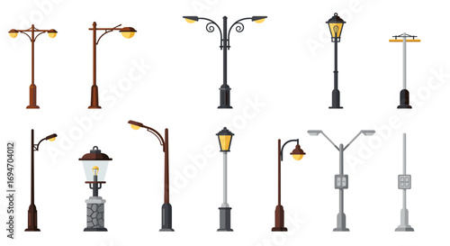 Diverse set of classic and modern street lamps for urban design projects