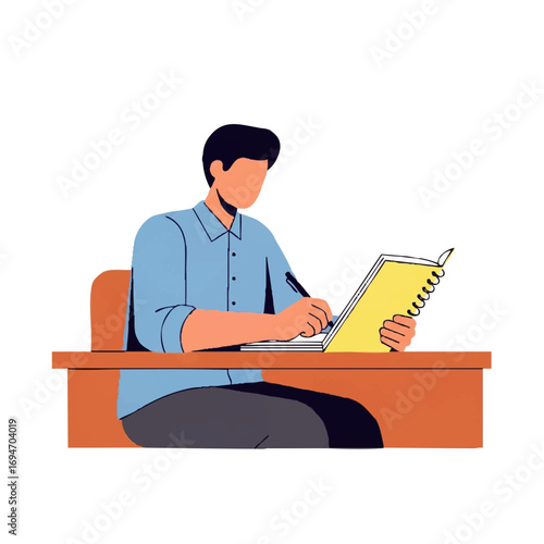 Dedicated student taking notes in yellow notepad during study session for education concept