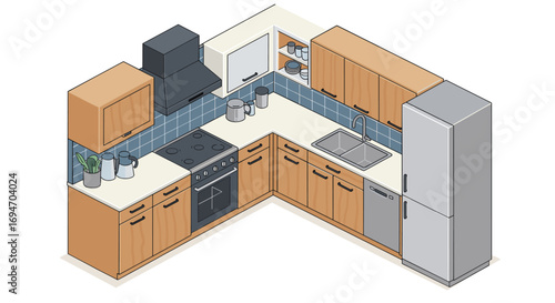 Modern isometric kitchen design with appliances and cabinets
