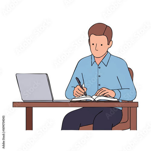Man writing notes at desk with laptop, focused on work, ideal for education and business themes