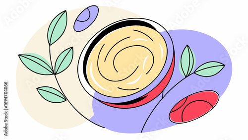 A vibrant depiction features swirling yellow shapes reminiscent of a whirlpool, surrounded by soft pastel leaves and ovals. The composition blends contrasting colors and minimalist lines.AI