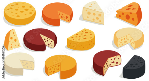 Assorted cheese collection: variety of cheeses in flat design style