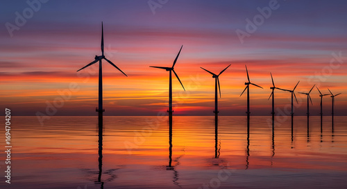 Row of offshore wind turbines silhouetted against a vibrant sunset over the ocean
