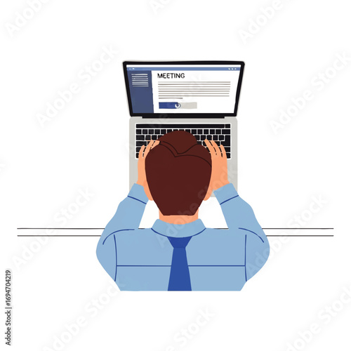 Stressed businessman facing online meeting struggles, feeling overwhelmed with a laptop computer