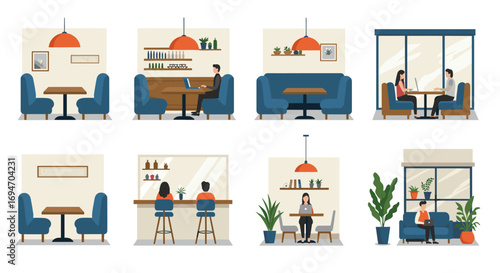 Cozy cafes and workspaces with modern seating and decor